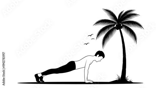 Silhouette of a person exercising with palm tree and birds in background