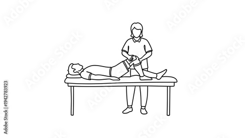 Linear depiction of physiotherapy session with therapist and patient on table
