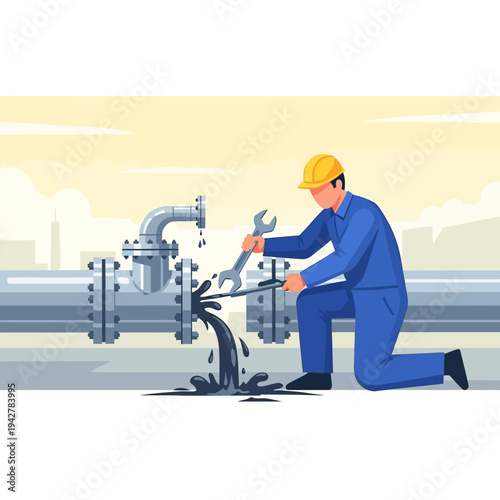 Oil pipeline repair by a skilled worker.