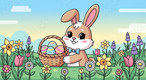 Cute easter bunny holding basket of colorful eggs in spring flowers field with blue sky background