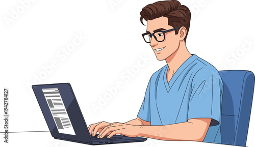 Young man wearing glasses working on laptop at desk, modern freelancer remote work vector illustration