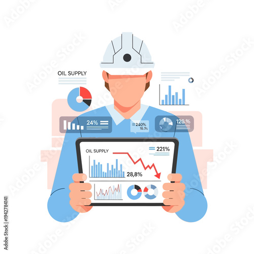 Oil industry worker analyzing supply data on a tablet.