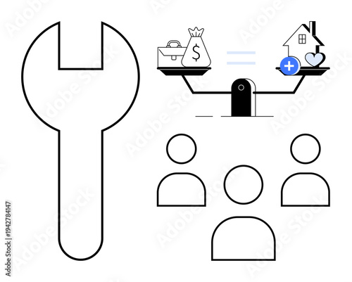 Work and life balance concept. Visualization of equality between money, home, and health. balance for wellbeing and productivity. For career advice, wellness apps, community tools, financial planning