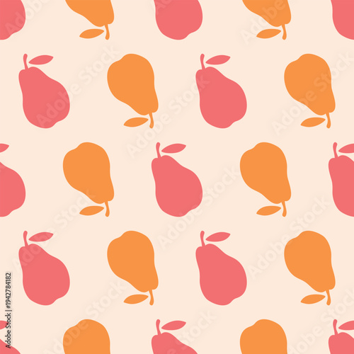 Modern pear silhouette seamless pattern in red and orange on light yellow background for summer prints, kitchen textiles, wrapping paper and home decor