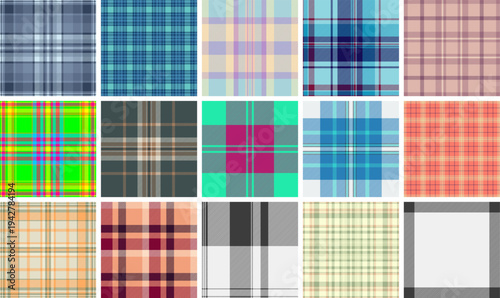 Plaid pattern set for casual feminine fashion. Tartan textures elevate blouses, skirts, and layering pieces. Seamless vectors align edges.