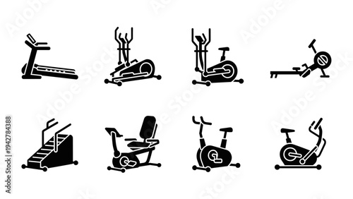 Set of fitness equipment icons: treadmill, exercise bike, elliptical and rowing machine icons