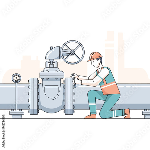 Industrial worker adjusting large pipeline valve.