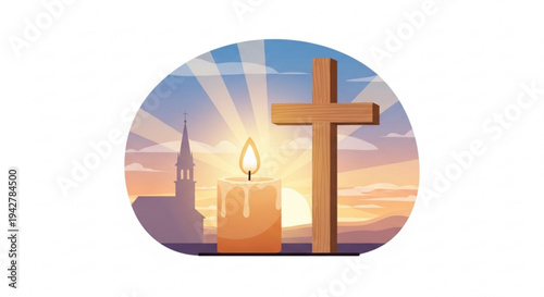 Serene christian scene with cross candle and church at sunrise symbolizing faith and spirituality in a peaceful morning setting