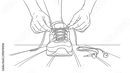 Linear drawing of hands tying shoe laces with earbuds on wooden floor