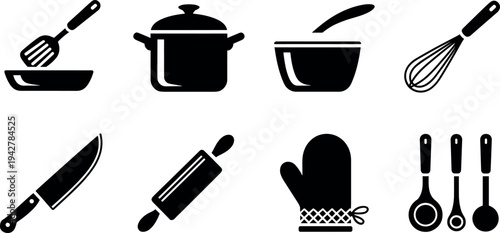 Black silhouette vector icons of essential kitchen utensils and cookware including spatula, pot, bowl, whisk, knife, rolling pin, mitt, spoons