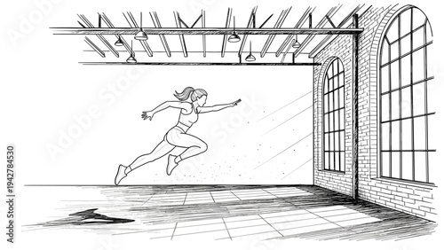 Dynamic female athlete leaping indoors with architectural background in linear style