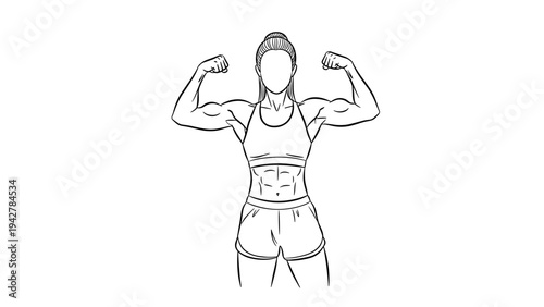 Powerful woman flexing muscles in sporty outfit sketch style