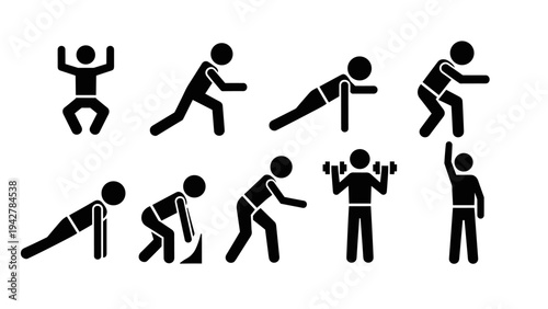 Set of simple stick figure exercise icons for workout and fitness design