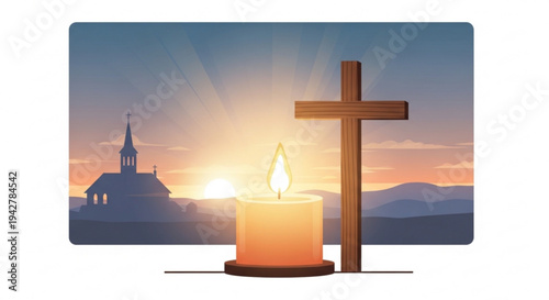 Serene christian scene with lit candle and cross at sunset with church in background
