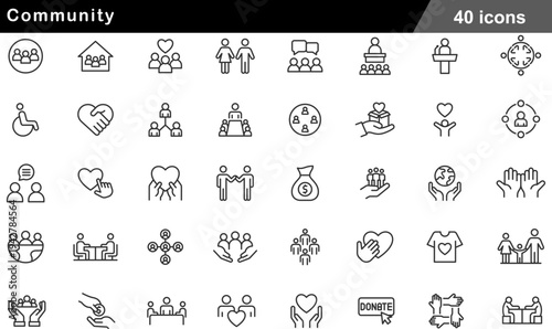 Community Thin Line Icons Set Social Support, Humanitarian Aid, Charity Donation, Volunteer Group and Global Unity Symbols for Non Profit Organizations
