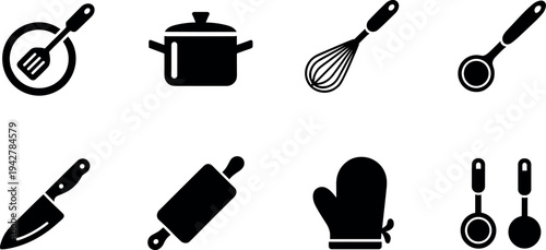 Black silhouette vector illustration of essential kitchen utensils and cooking tools including spatula, pot, whisk, knife, rolling pin, oven mitt