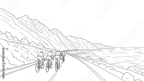 Cyclists on coastal road: scenic line art of biking by the ocean