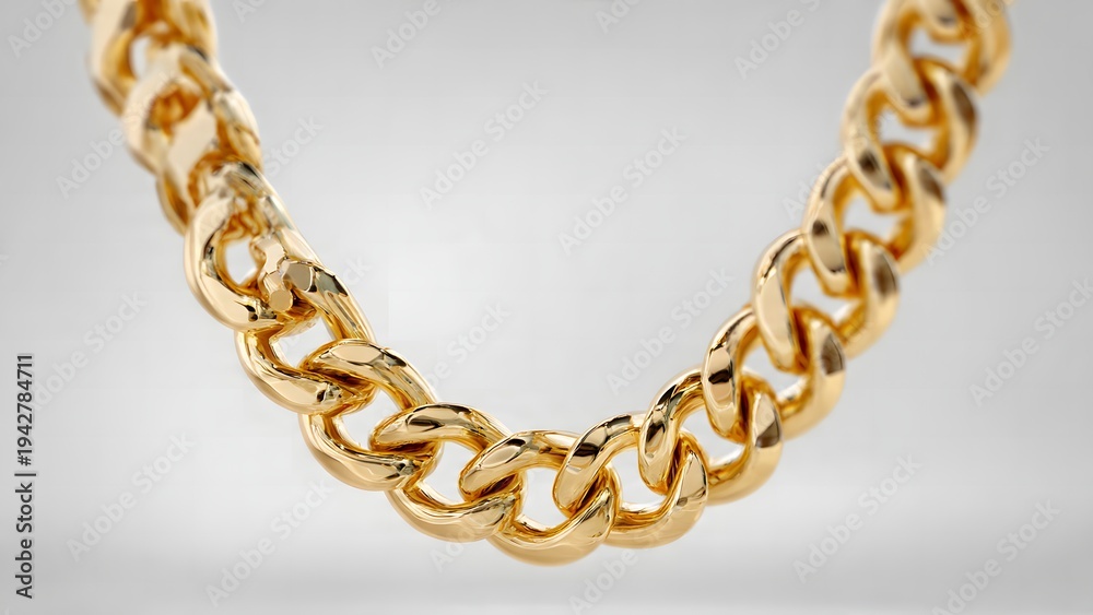 Obraz premium Close-up of a shiny gold chain with thick, interlocked links, reflecting light on a plain background.