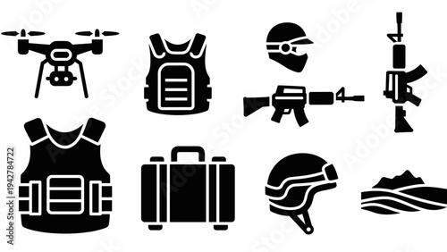 Silhouette icons of tactical gear and equipment for security and outdoors