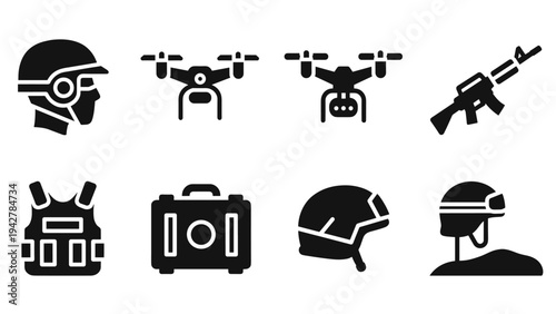 Military equipment silhouettes: helmets, drones, weapons, and tactical gear