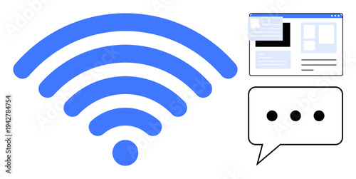 Wireless communication, online messaging, internet browsing, digital interaction, telecommunication, connectivity. Blue wireless icon, web page and speech bubble. Communication and online messaging