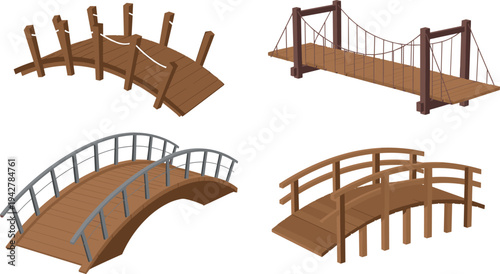 Collection of four unique pedestrian bridge designs featuring wooden, suspension, and modern styles showcasing diverse architectural and structural engineering approaches