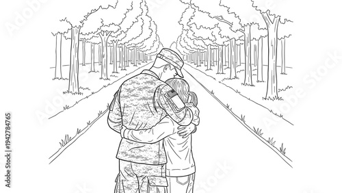 Heartwarming reunion: soldier embracing family amidst lush tree-lined path