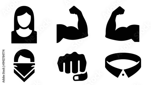 Bold black silhouette icons: muscles, clothing, and strength symbols
