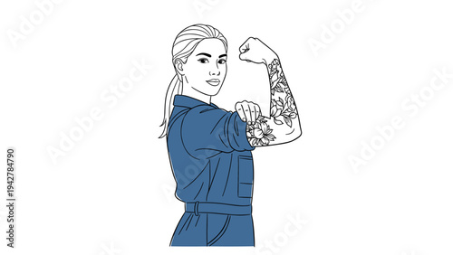 Empowered woman in blue jumpsuit with floral tattoo in line art style