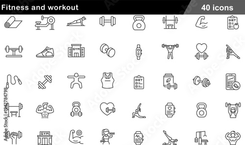 Fitness and Workout Thin Line Icons Set Gym Equipment, Strength Training, Cardio Exercises, Yoga Poses and Health Tracking Symbols for Active Lifestyle
