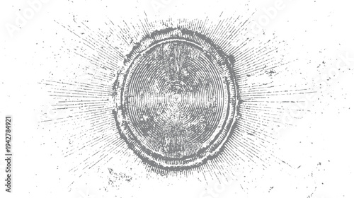 Textured grey circular stamp with radiating lines and scattered speckles on white background seal
