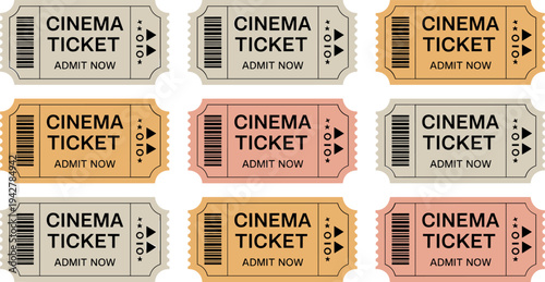 Colorful cinema ticket collection with barcode, admit now text, decorative stars and play icons, vintage retro movie pass vector illustration