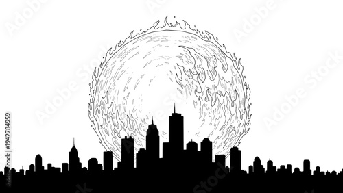 City silhouette against fiery sun: urban skyline and abstract sunburst in contrast