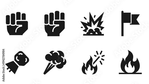 Collection of black silhouette icons: hand gestures, explosions, flags, fire elements