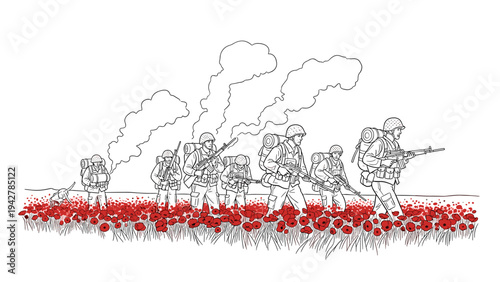 Soldiers marching through a field of red poppies in black and white outline drawing