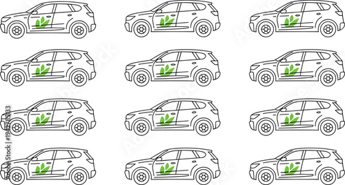 Eco friendly fleet of cars with green leaf logo, sustainable transportation concept illustration for environmental branding and clean energy promotion