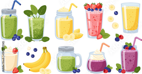 Fresh Fruit Smoothie Drink Collection with Banana, Strawberry, Blueberry, Green Spinach Smoothies, Yogurt Shakes, and Healthy Beverage Glasses Vector Illustration Set