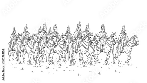 Historical cavalry parade: black and white detailed line art of soldiers on horses