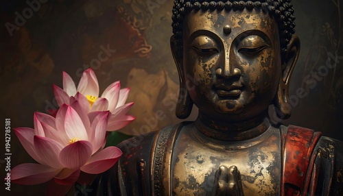 A serene portrait featuring a weathered golden Buddha statue, its face radiating peace. Two delicate lotus flowers bloom nearby, adding beauty