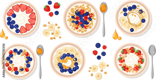 Healthy Yogurt Breakfast Bowl Collection with Banana, Strawberry, Blueberry, Honey, Granola, and Fresh Fruit Nutritious Morning Meal Vector Illustration Set