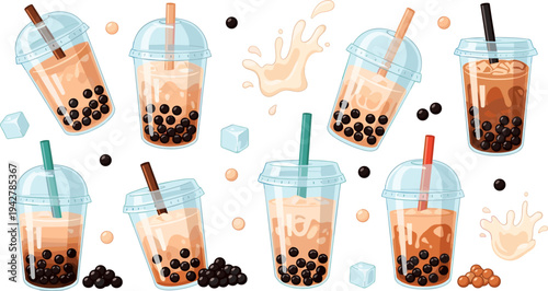 Iced Coffee Bubble Tea Drink Collection with Milk Tea, Tapioca Pearls, Ice Cubes, Plastic Cups, and Sweet Cafe Beverages Vector Illustration Set