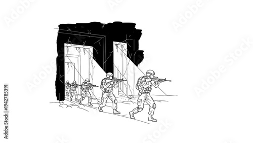 Line art of soldiers in formation exiting a building