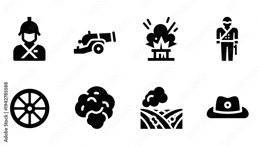 Fototapeta premium Silhouette icons of historical military elements with soldiers and cannons