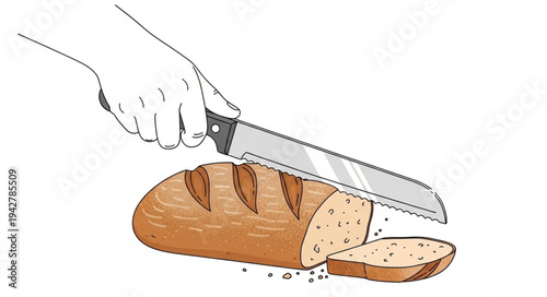 Hand Cutting Fresh Bread with Knife.