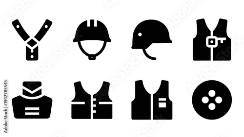 Set of flat military and safety gear icons: helmets, vests, and harnesses