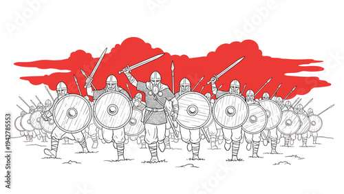 Viking warrior line art: brave norse fighters charging with shields and swords under red sky