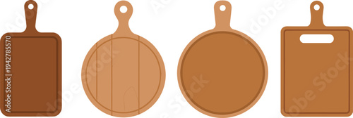 Four stylish wooden cutting boards with handles in different shapes and colors, perfect kitchen utensil illustration for culinary design projects