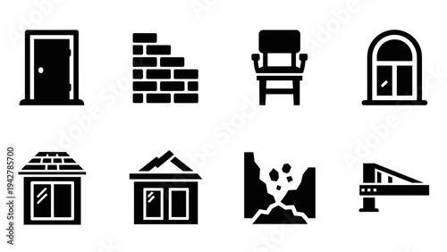 Collection of home and construction icons in minimalist black silhouette style