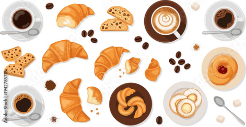 Coffee and Bakery Breakfast Collection with Croissants, Biscotti Cookies, Cappuccino, Espresso Cups, Coffee Beans, and Sweet Pastries Vector Illustration Set