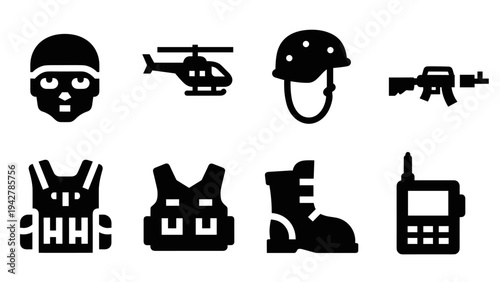 Military silhouette icons set featuring helmet, gun, and boots